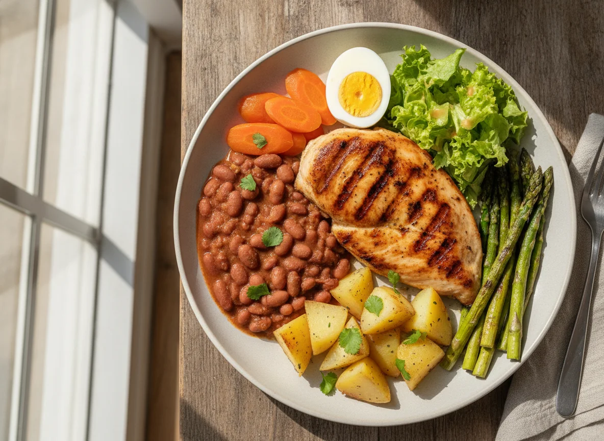 Frango grelhado com feijão, batatas e legumes photo