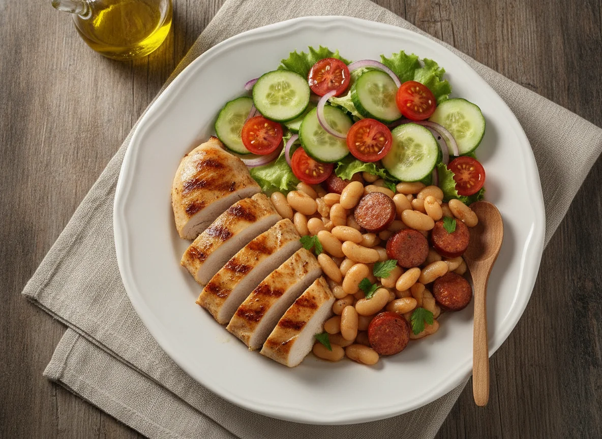 Frango grelhado com feijão branco, linguiça e salada photo