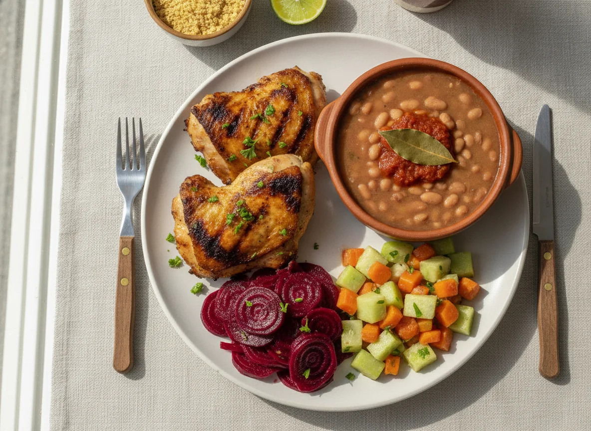 Frango grelhado com feijão carioca e salada de beterraba photo