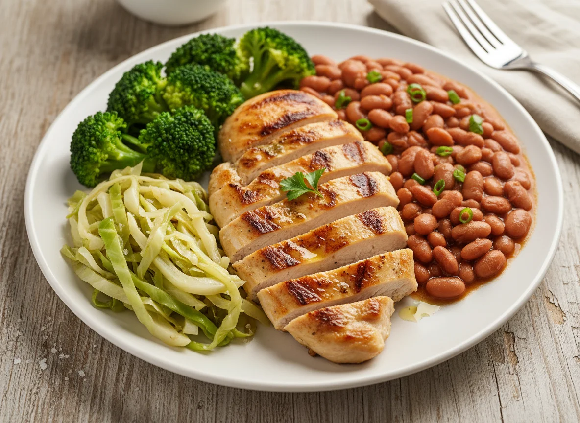Frango grelhado com feijão e legumes photo