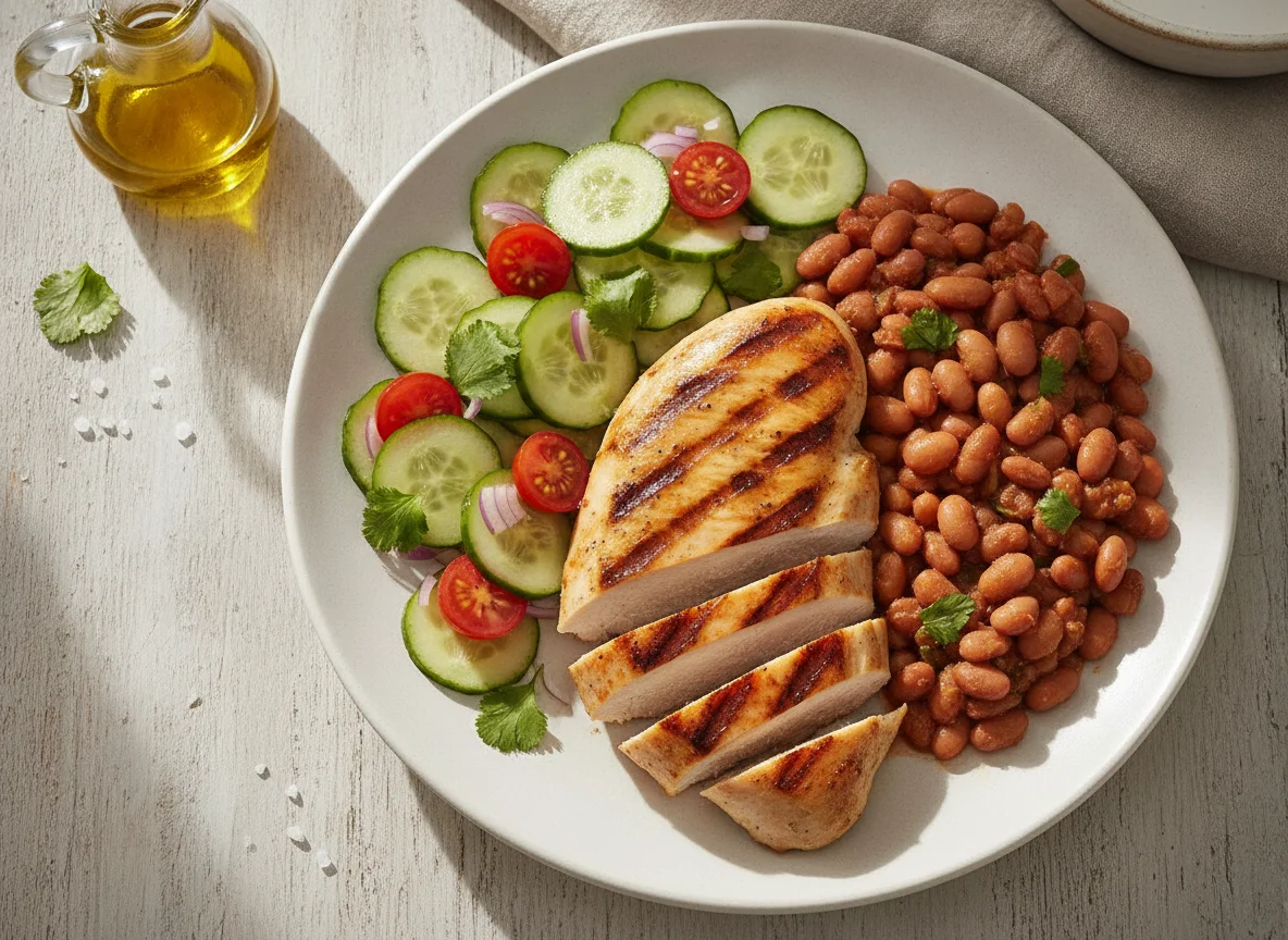 Frango grelhado com feijão e salada de pepino photo