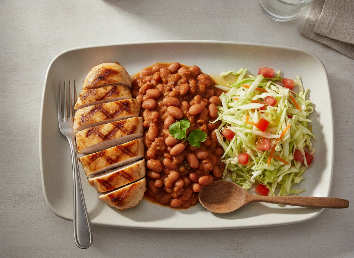 Frango grelhado com feijão e salada de repolho photo