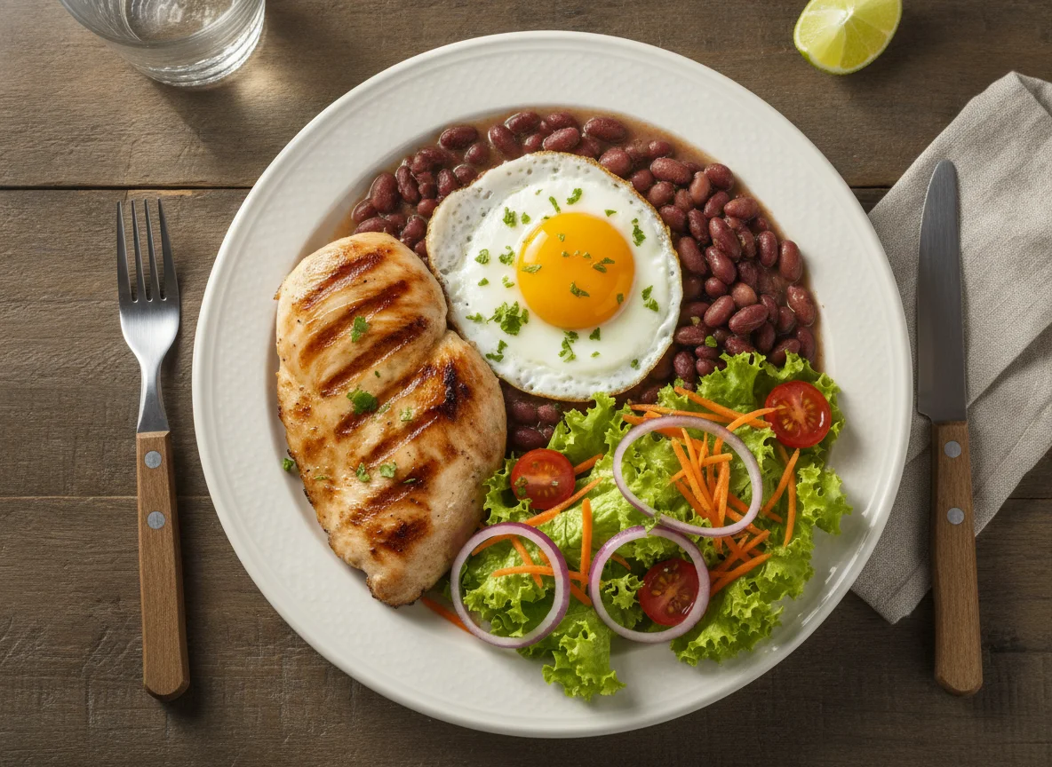 Frango grelhado com feijão, ovo e salada photo