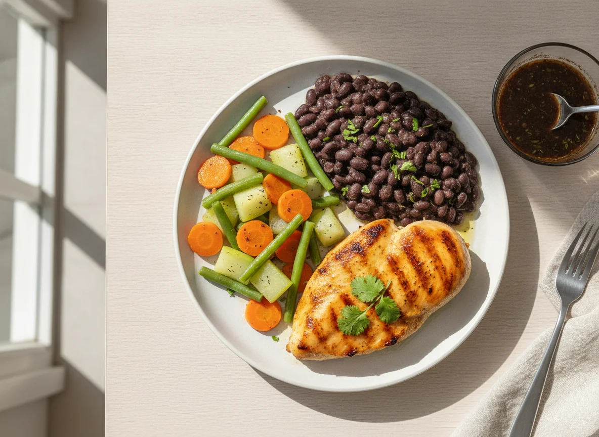 Frango grelhado com feijão preto e legumes cozidos photo