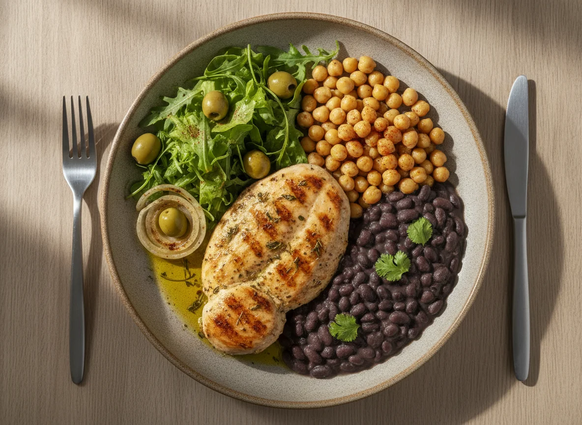 Frango grelhado com feijão preto, grão-de-bico e salada photo