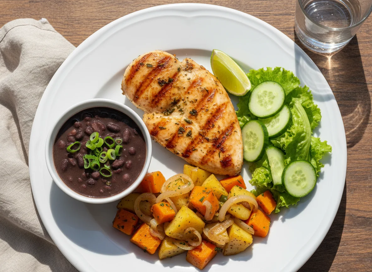 Frango grelhado com feijão preto, legumes e salada photo
