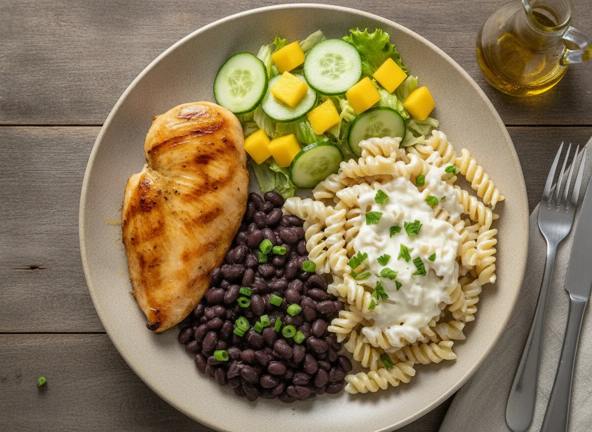 Frango grelhado com feijão preto, macarrão e salada photo