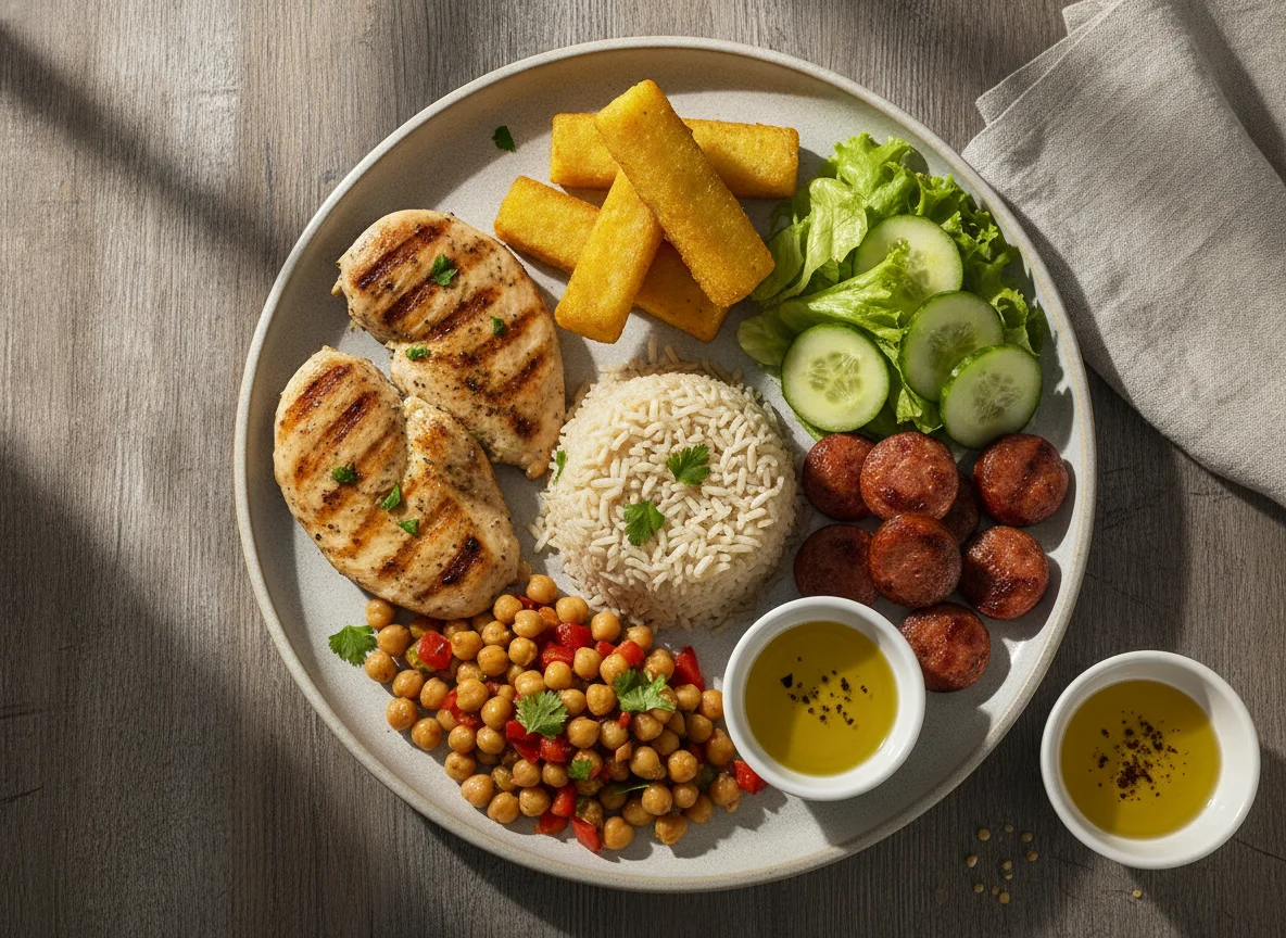 Frango grelhado com grão-de-bico, arroz, polenta e salada photo