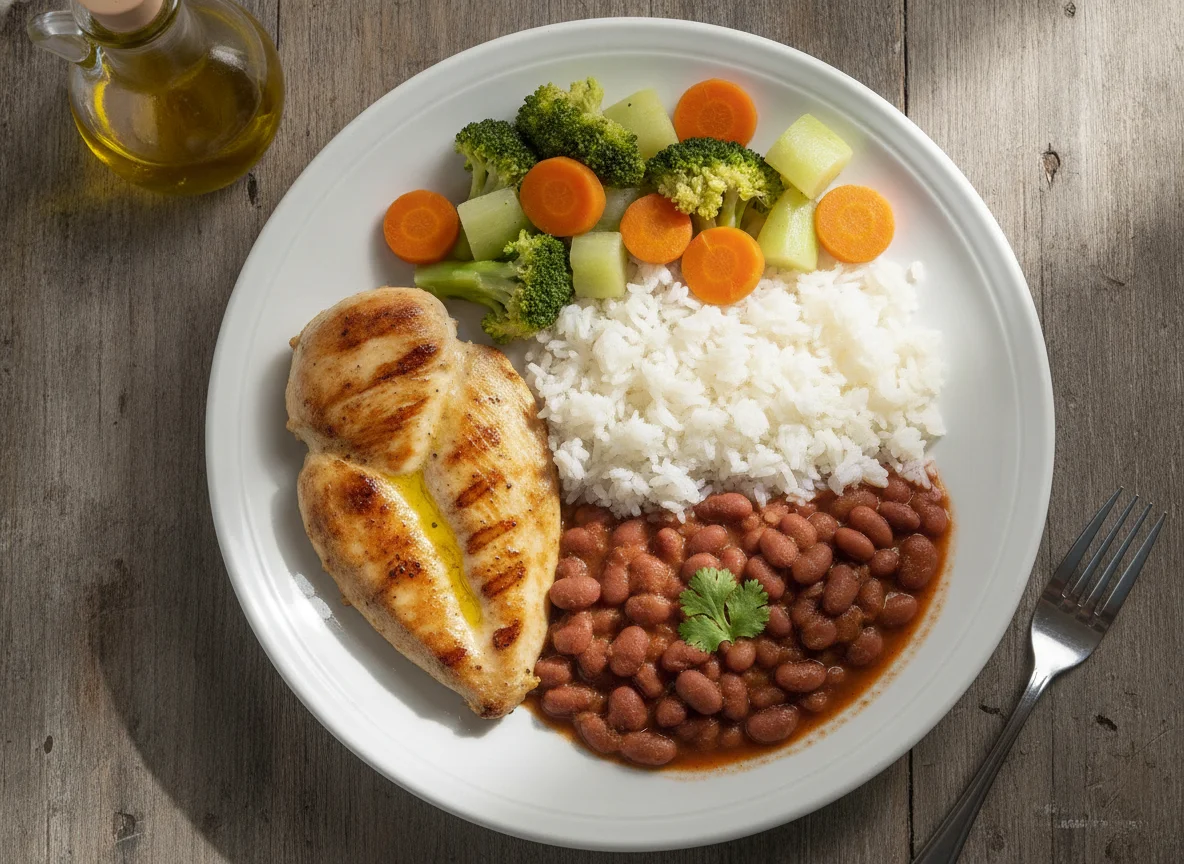 Frango grelhado com legumes, arroz e feijão photo