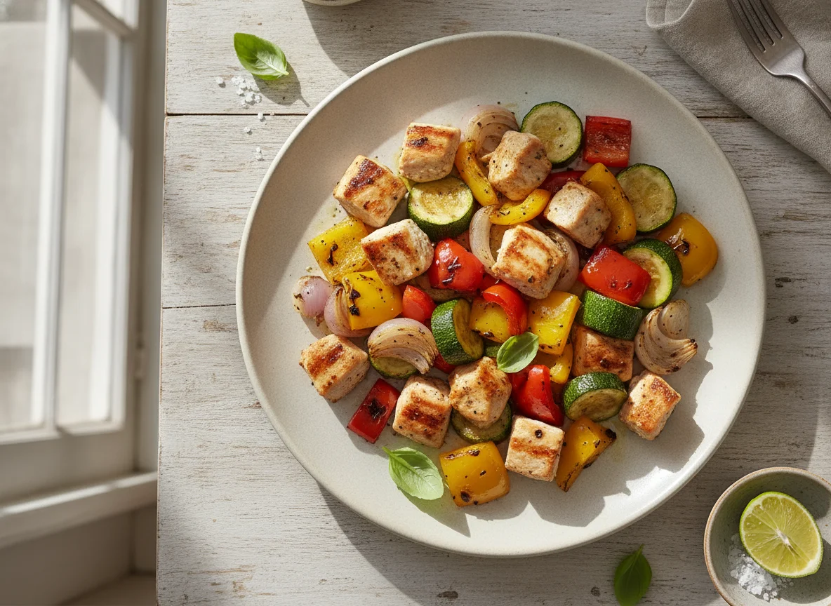Frango grelhado com legumes assados photo