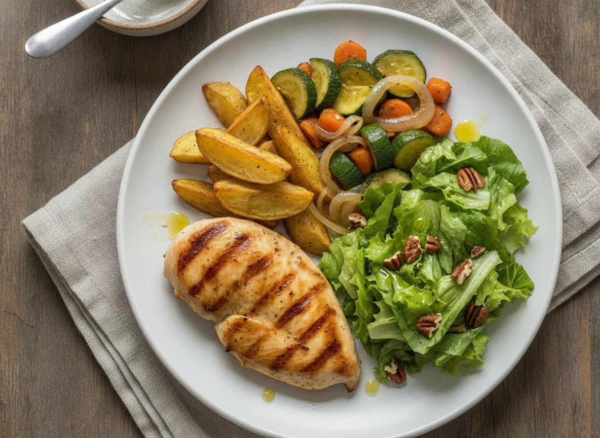 Frango grelhado com legumes, batatas rústicas e salada photo