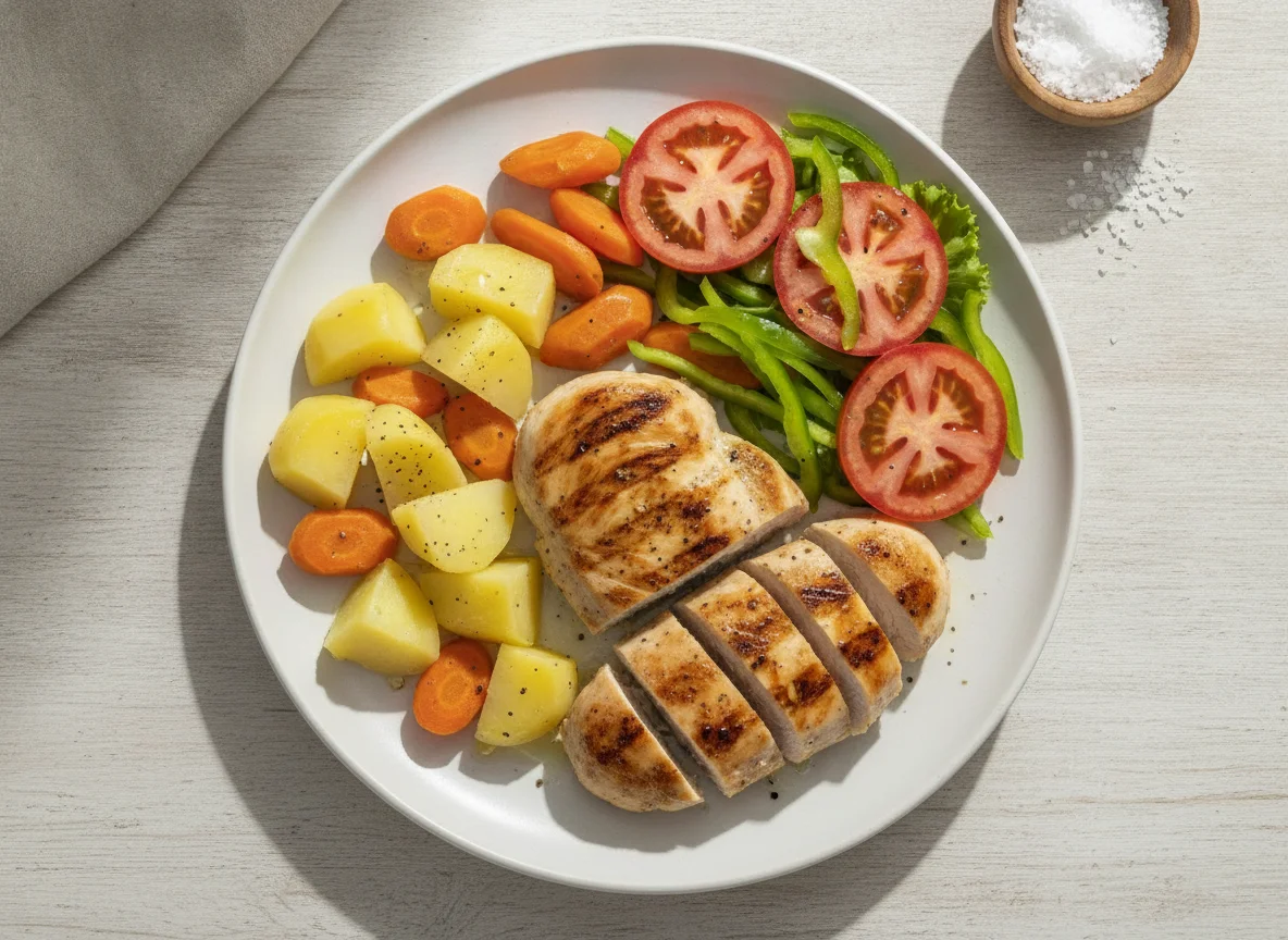 Frango grelhado com legumes cozidos e salada photo