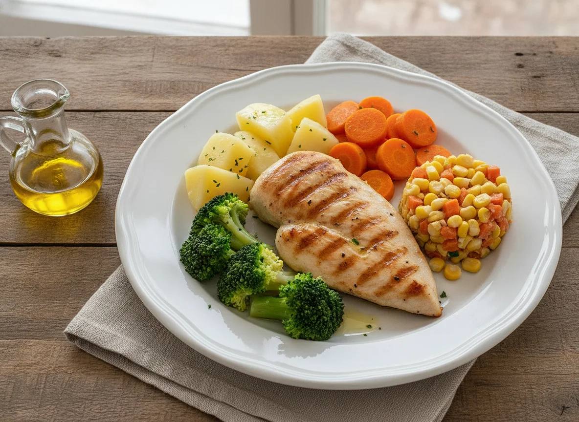 Frango grelhado com legumes cozidos photo