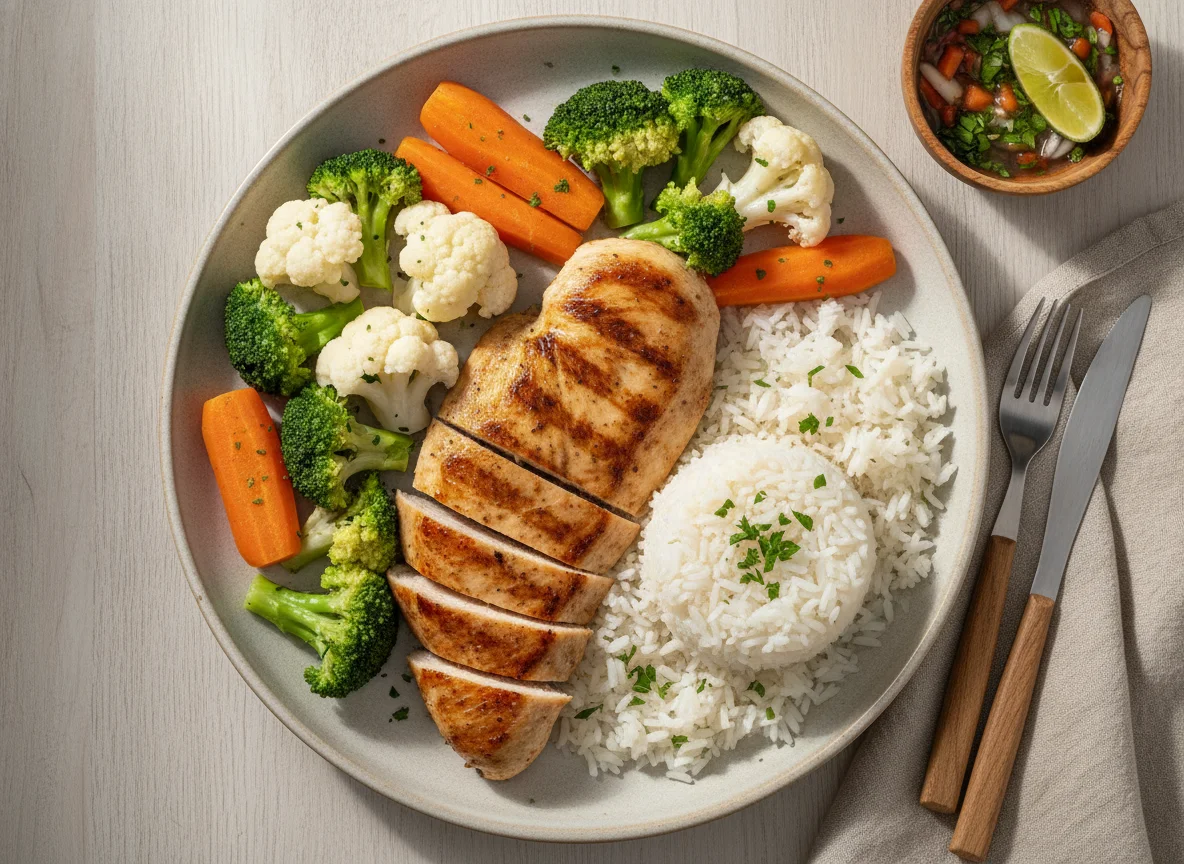 Frango grelhado com legumes e arroz photo