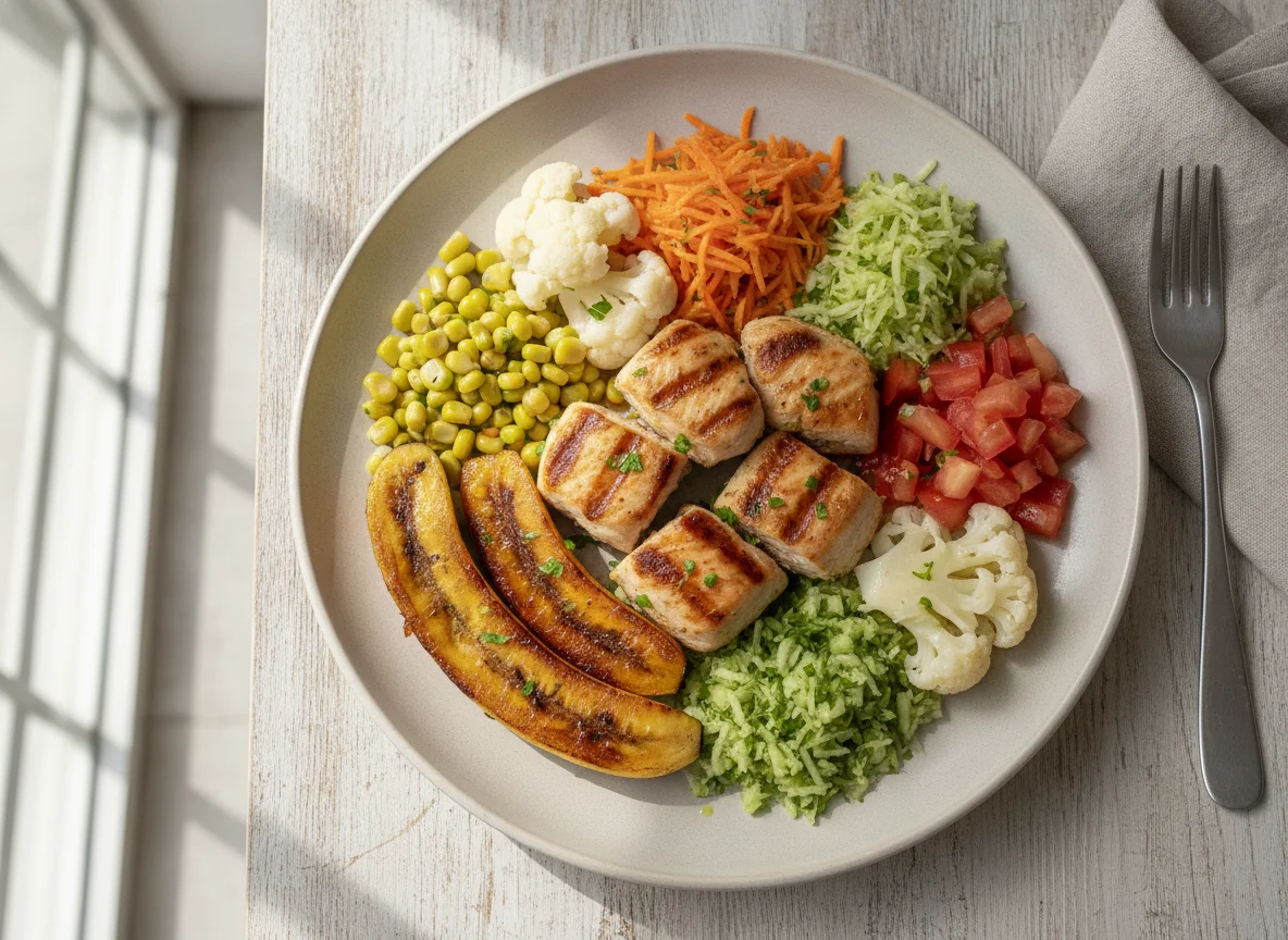 Frango grelhado com legumes e banana photo