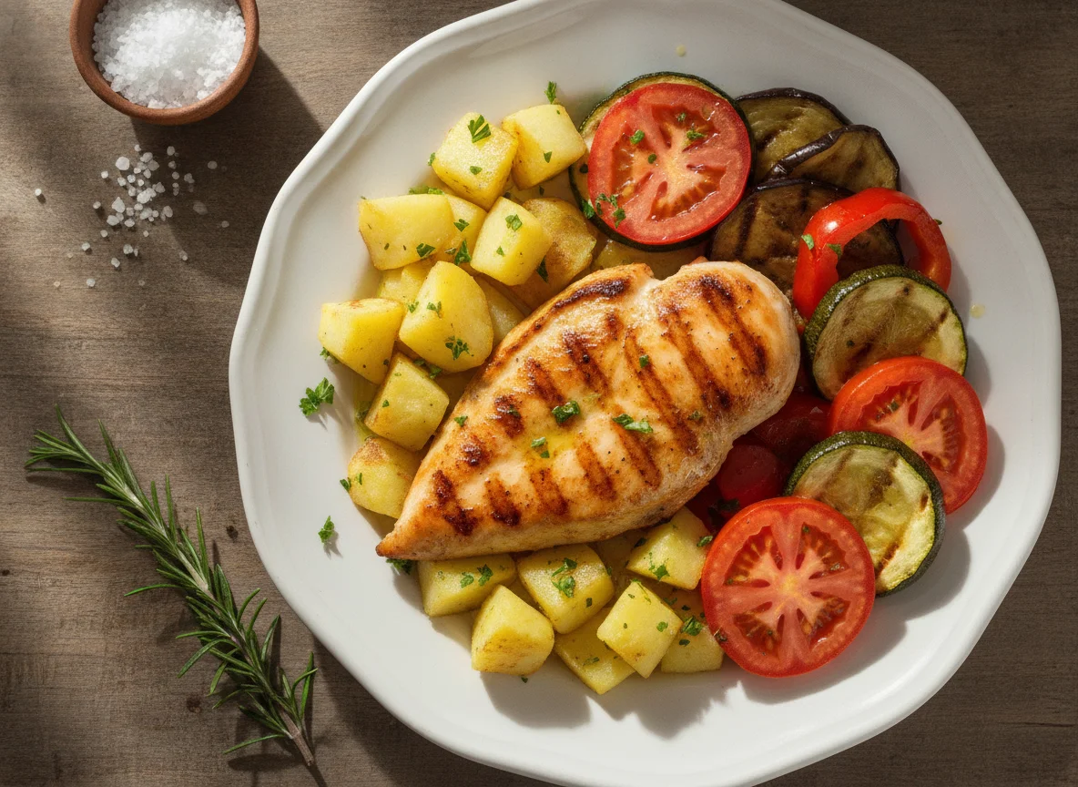 Frango grelhado com legumes e batata baroa photo