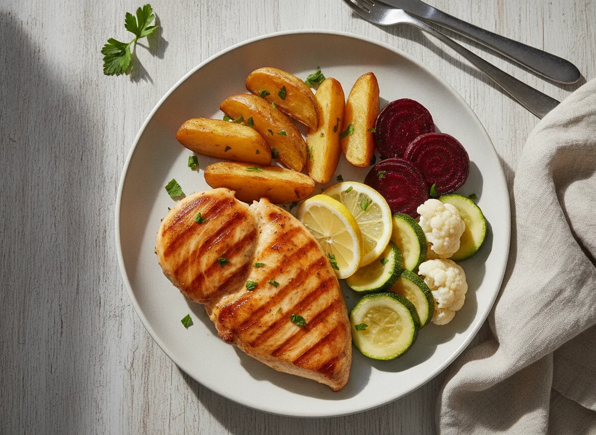 Frango grelhado com legumes e batatas photo