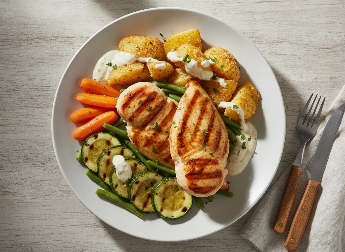 Frango grelhado com legumes e batatas assadas photo