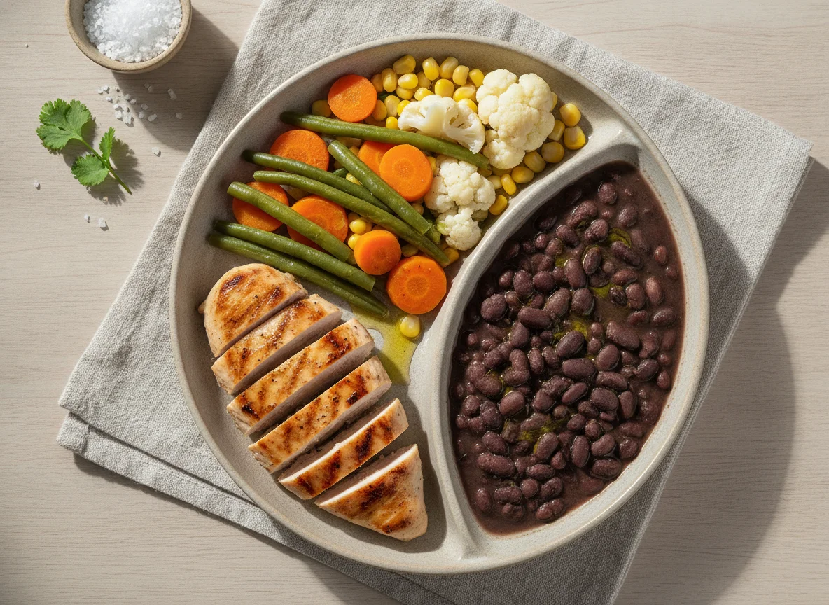 Frango grelhado com legumes e feijão preto photo