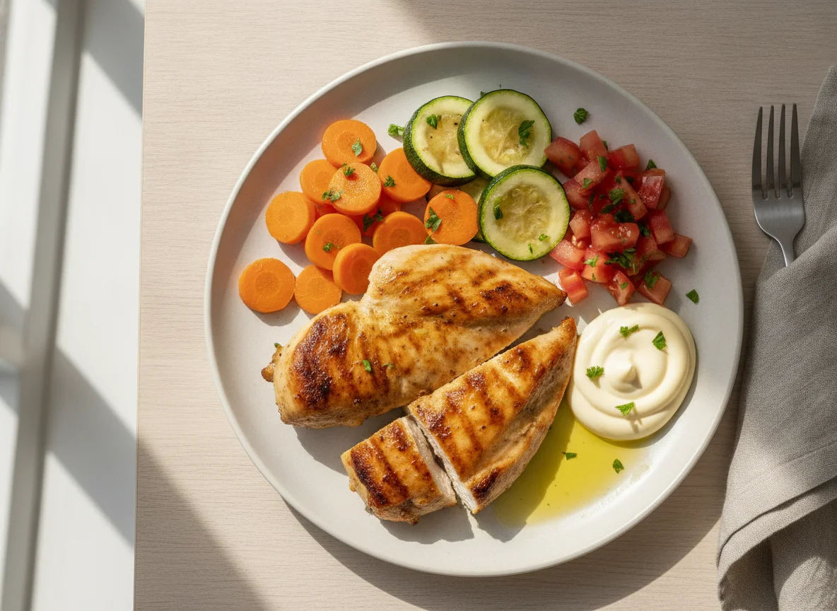 Frango grelhado com legumes e maionese photo