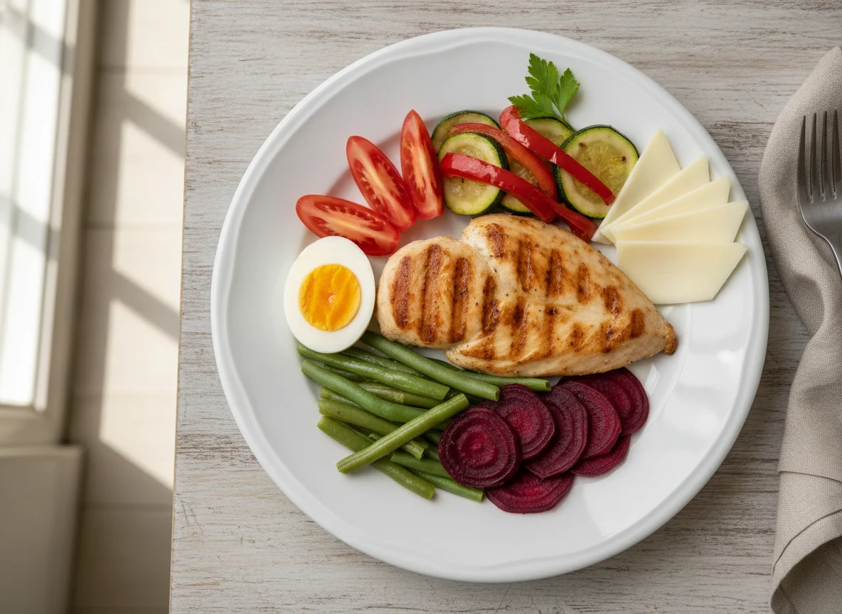 Frango grelhado com legumes e ovo photo
