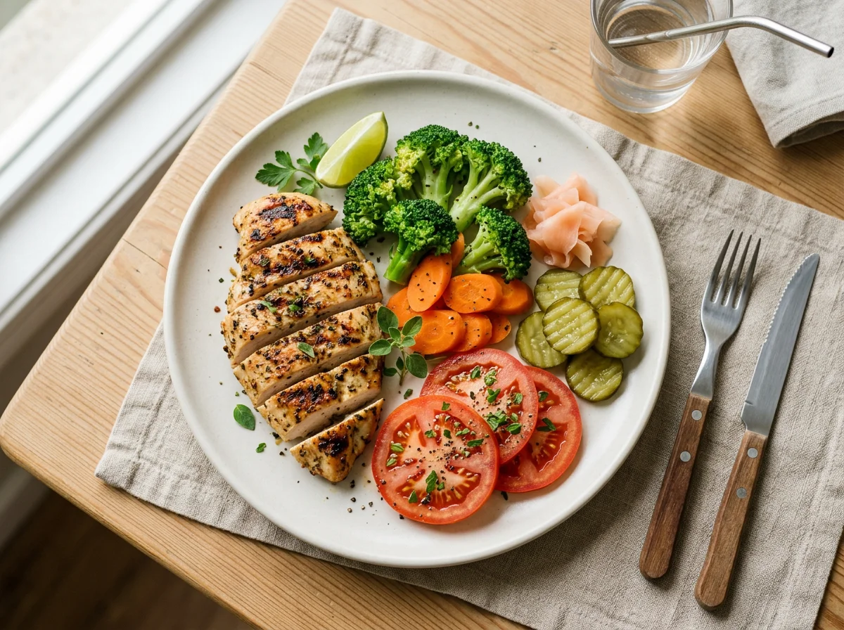 Frango grelhado com legumes e picles photo