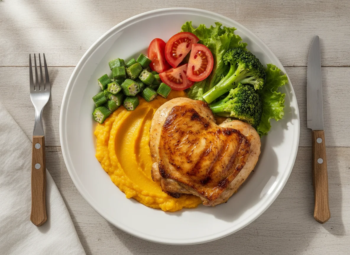 Frango grelhado com legumes e purê de abóbora photo