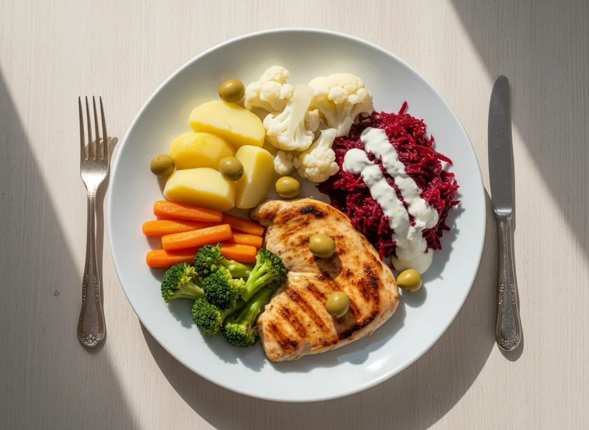 Frango grelhado com legumes e salada de beterraba photo