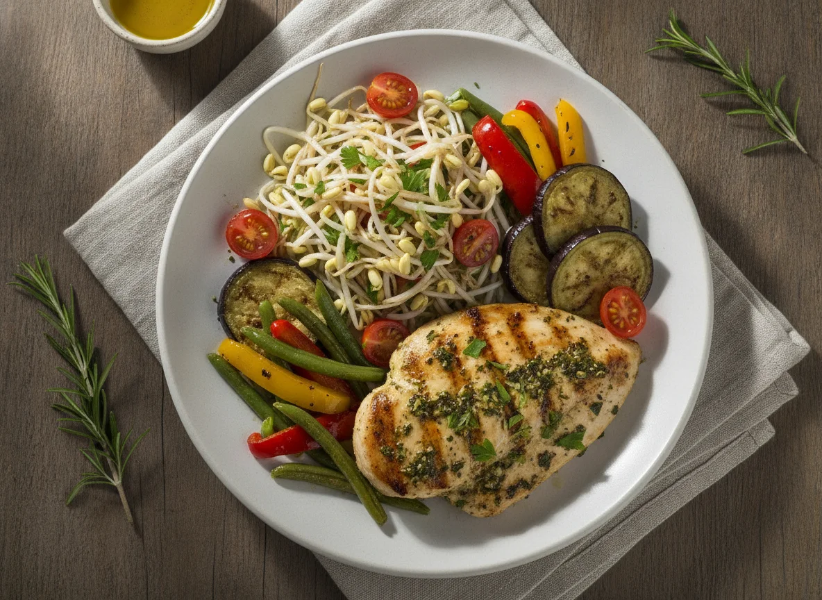 Frango grelhado com legumes e salada de broto de feijão photo