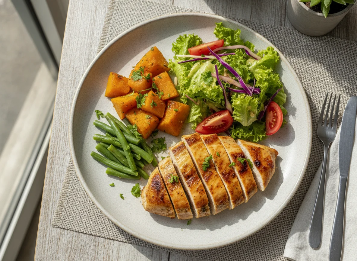 Frango grelhado com legumes e salada mista photo