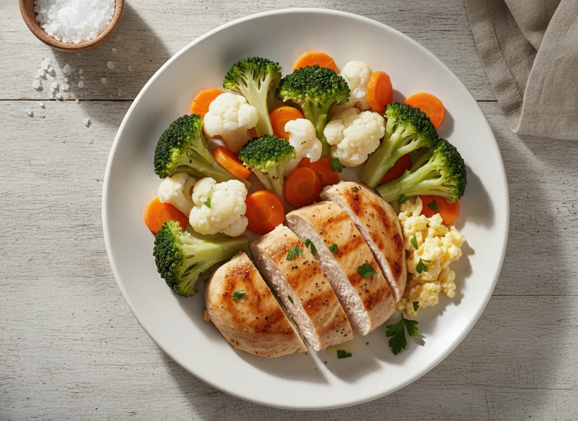 Frango grelhado com legumes no vapor photo