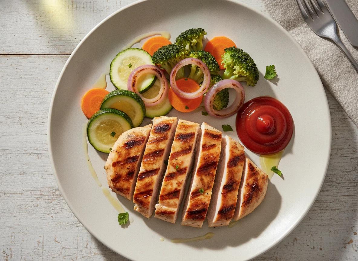 Frango grelhado com legumes no vapor e ketchup photo