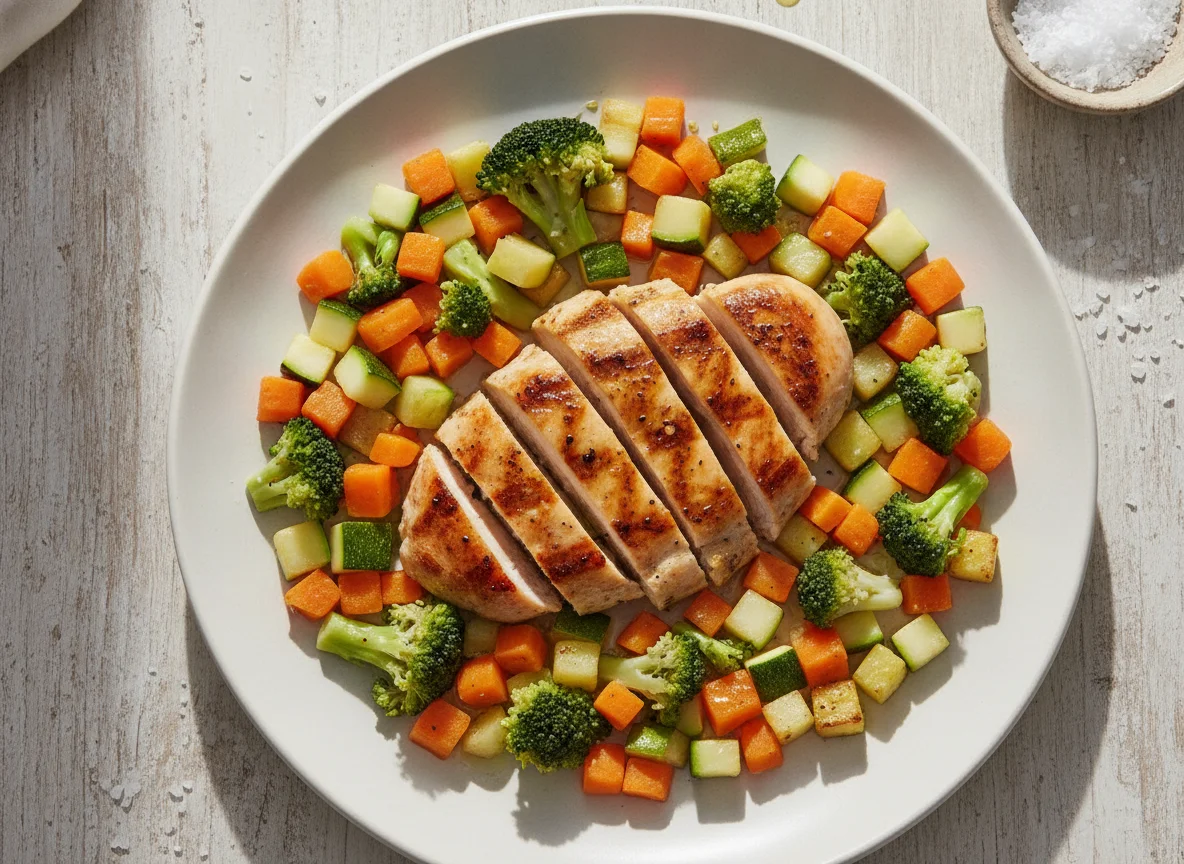 Frango grelhado com legumes picados photo