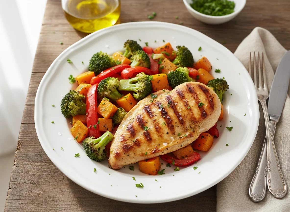 Frango grelhado com legumes salteados photo