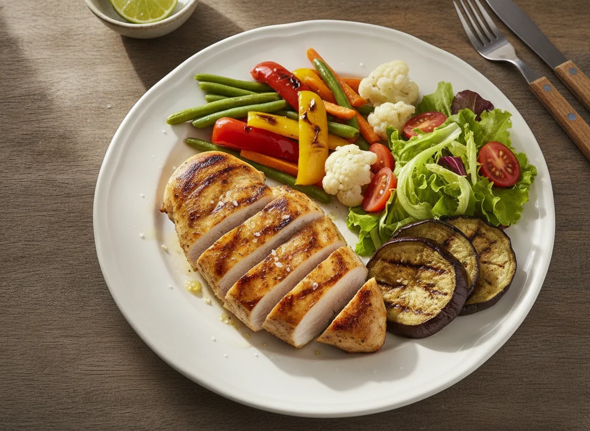 Frango grelhado com legumes variados e salada photo