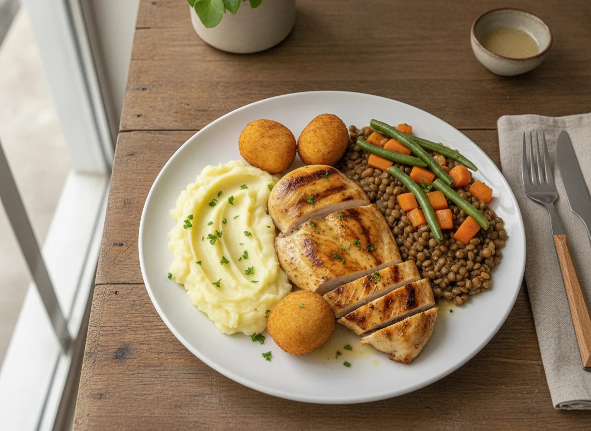 Frango grelhado com lentilha, purê de batata e legumes photo