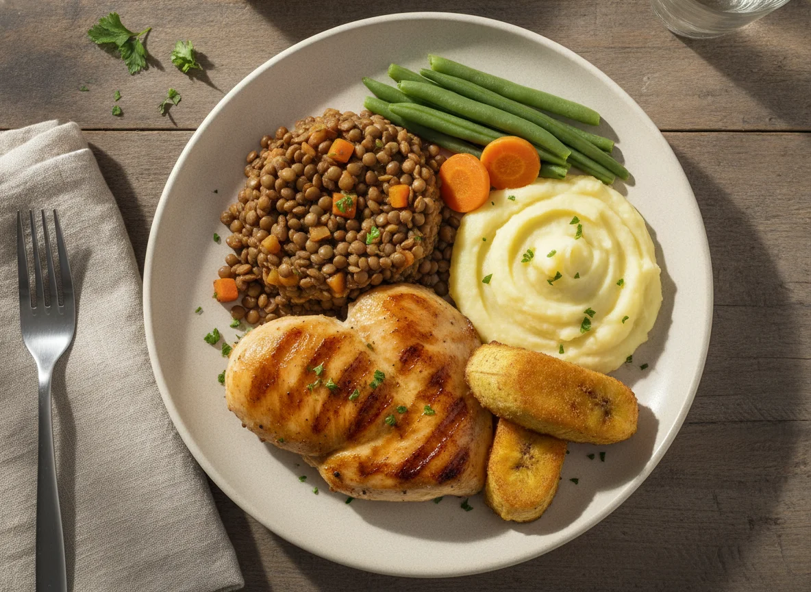 Frango grelhado com lentilha, purê e banana empanada photo