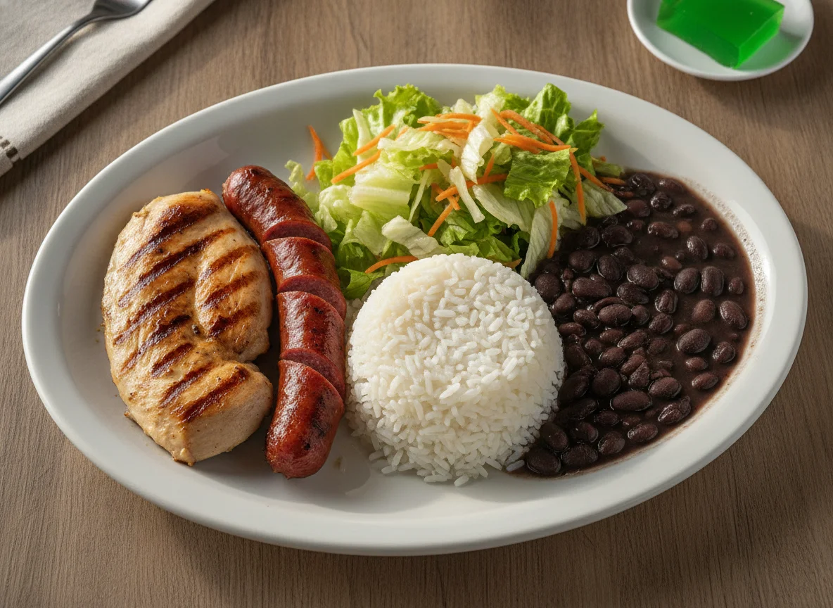 Frango grelhado com linguiça, arroz, feijão e salada photo