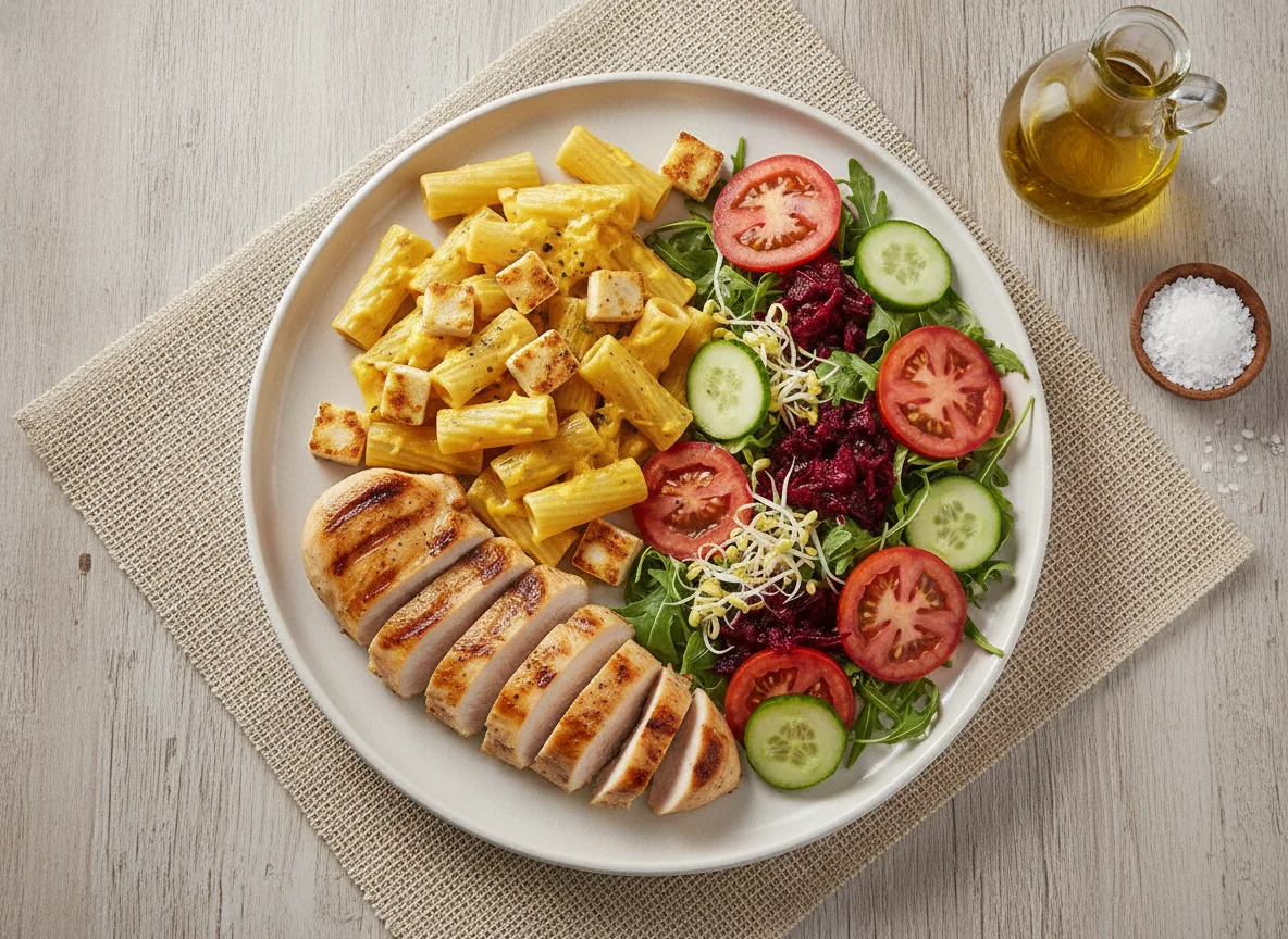 Frango grelhado com macarrão ao molho de queijo e salada mista photo