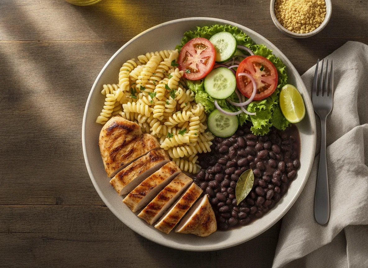 Frango grelhado com macarrão, feijão e salada photo