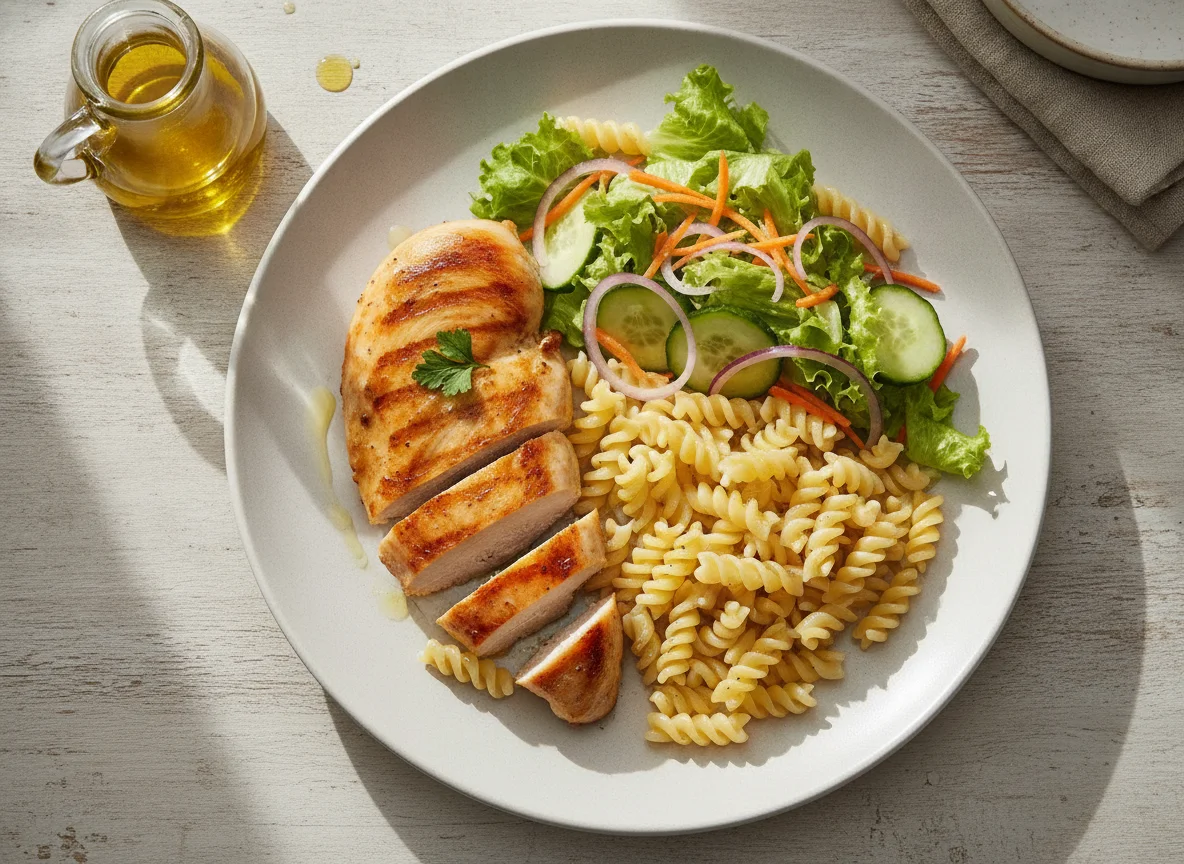 Frango grelhado com macarrão fusilli e salada mista photo
