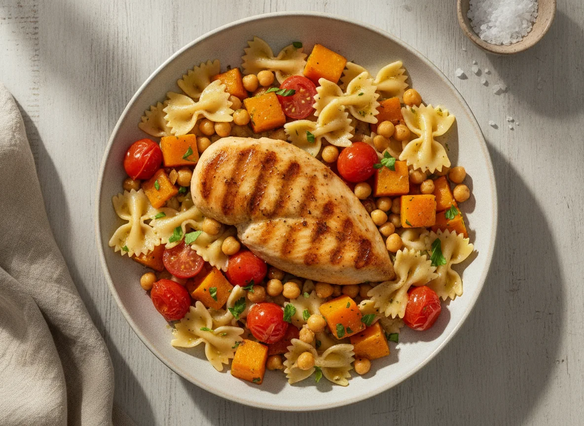 Frango grelhado com macarrão gravatinha, abóbora e tomate photo