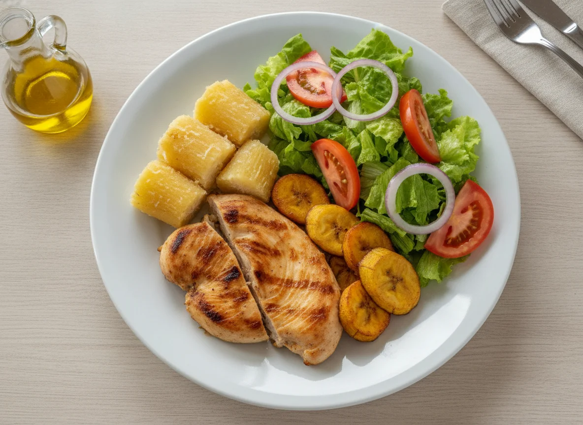 Frango grelhado com mandioca, banana da terra e salada photo