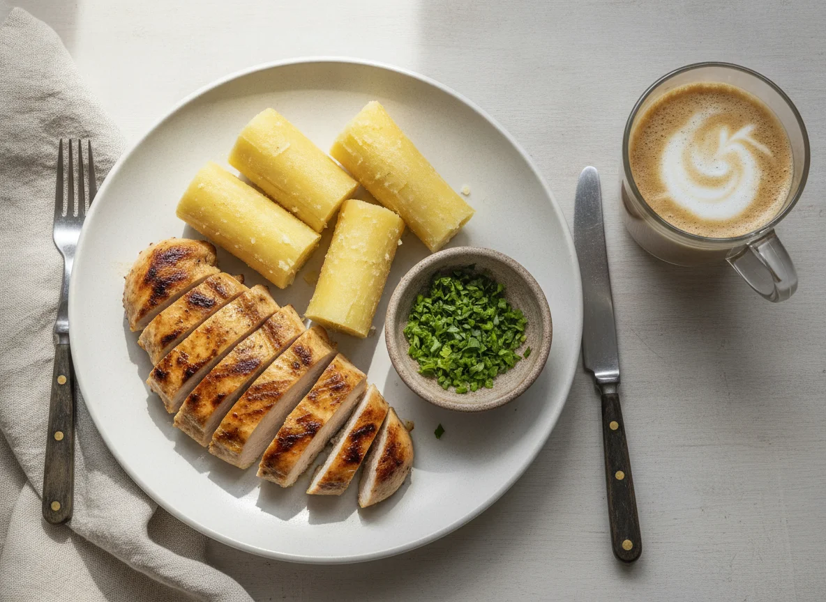 Frango grelhado com mandioca cozida e café com leite photo