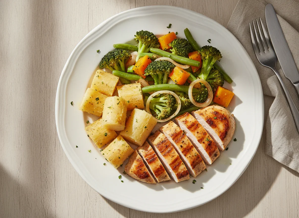 Frango grelhado com mandioca e legumes photo