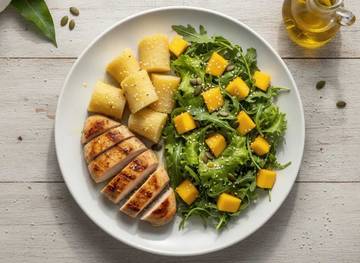 Frango grelhado com mandioca e salada de manga photo