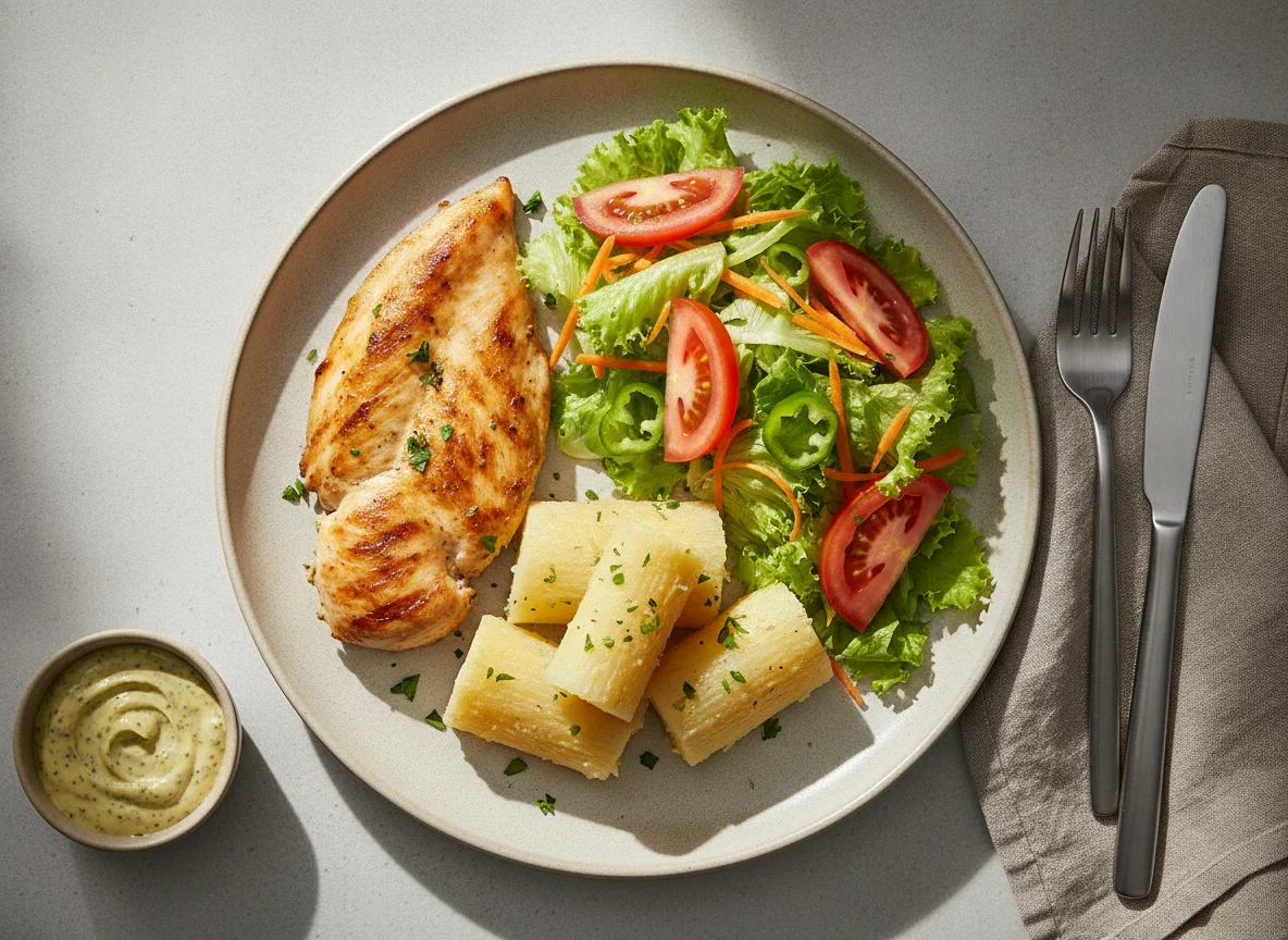 Frango grelhado com mandioca e salada photo