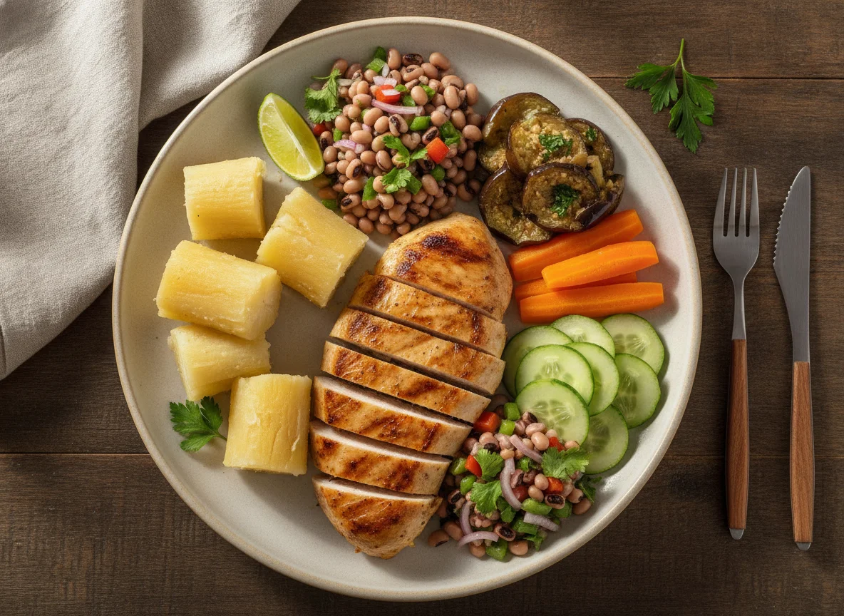 Frango grelhado com mandioca, feijão fradinho e legumes photo