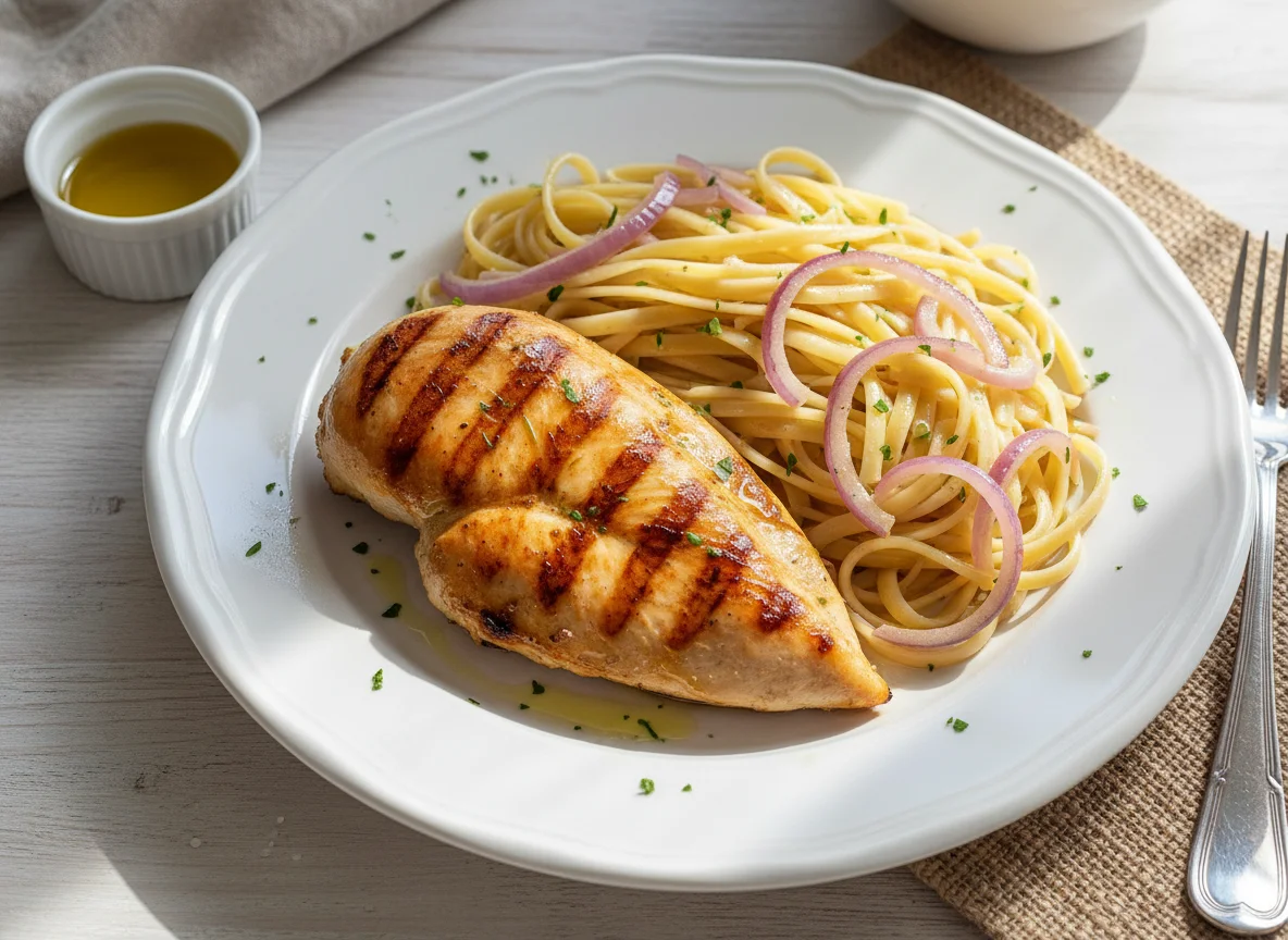 Frango grelhado com massa e cebola roxa photo