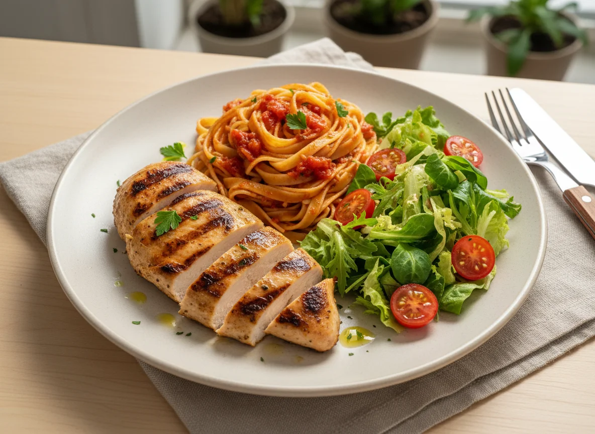 Frango Grelhado com Massa e Salada photo